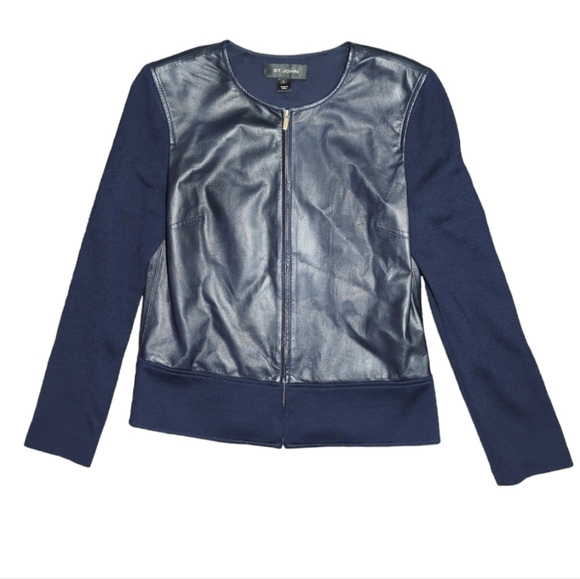 ST. John Blue Leather / Silk / Wool Blend Biker Jacket Size 2 - Picture 2 of 6